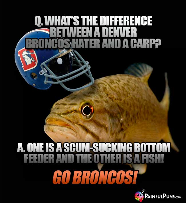 Q. What's the difference between a Denver Broncos hater and a carp? A. One is a scum-sucking bottom feeder and the other is a fish! Go Broncos!
