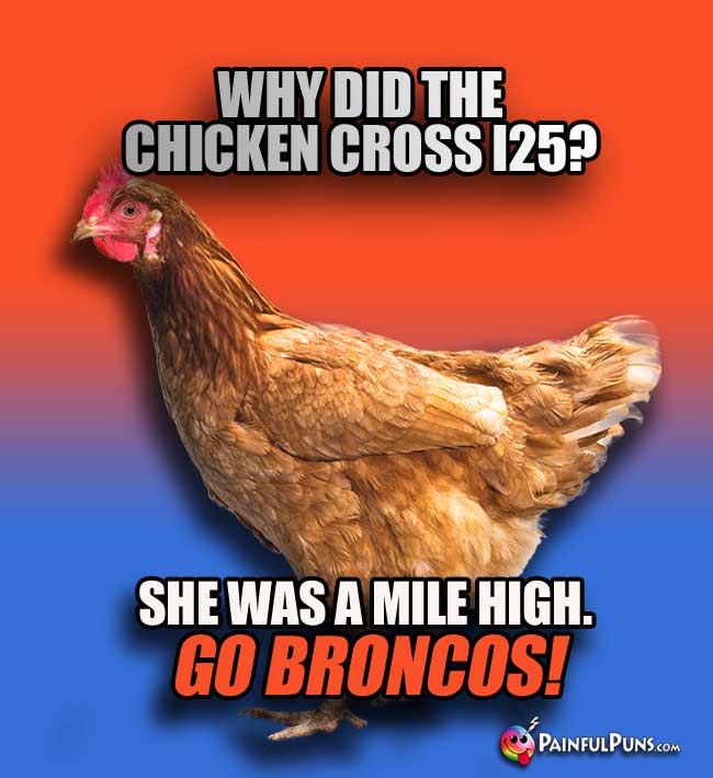 Q. Why did the chicken cross I25? A. She was a Mile High. Go Broncos!