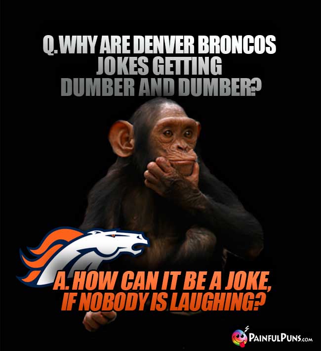 Chimp asks: Why are Denver Broncos jokes getting dumber and dumber? A. How can it be a joke, if nobody is laughing?