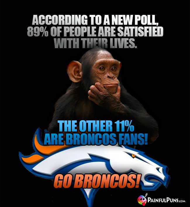 Chimp says: Accordin to a new poll, 89% of people are satisfied with their lives. The other 11% are Broncos fans! Go Broncos!