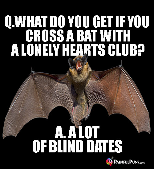 Q. What do you get if cross a bat with a lonely hearts club? A. A lot of blind dates. 