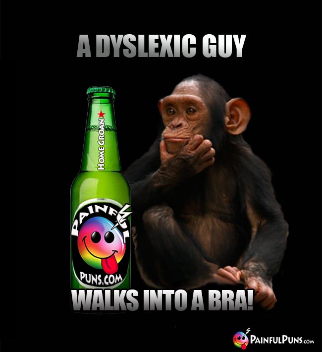 Chimp tells a bar joke: A dyslexic guy walks into a bra!