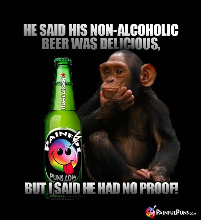 Puzzled chimp says: He said his non-alcoholic beer was delicioius, but I said he had no proof!