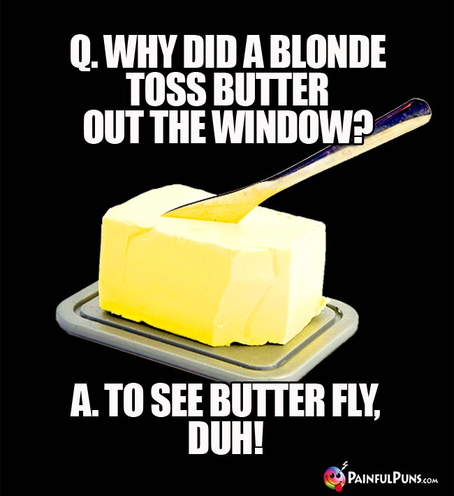 Q. Why did a blonde toss butter out the window? A. To see butter fly, duh!