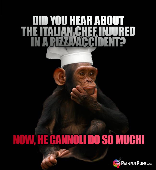 Chimp Chef Asks: Did you hear about the Italian chef injured in a pizza accident? Now, he cannoli do so much!