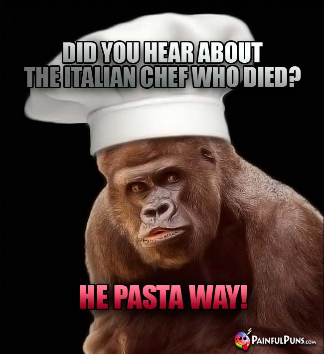 Gorilla Chef Joke: Did you hear about the Italian chef who died? He pasta way!