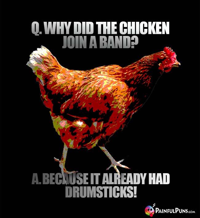 Q. Why did the chicken join a band? A. Because it already had drumsticks!