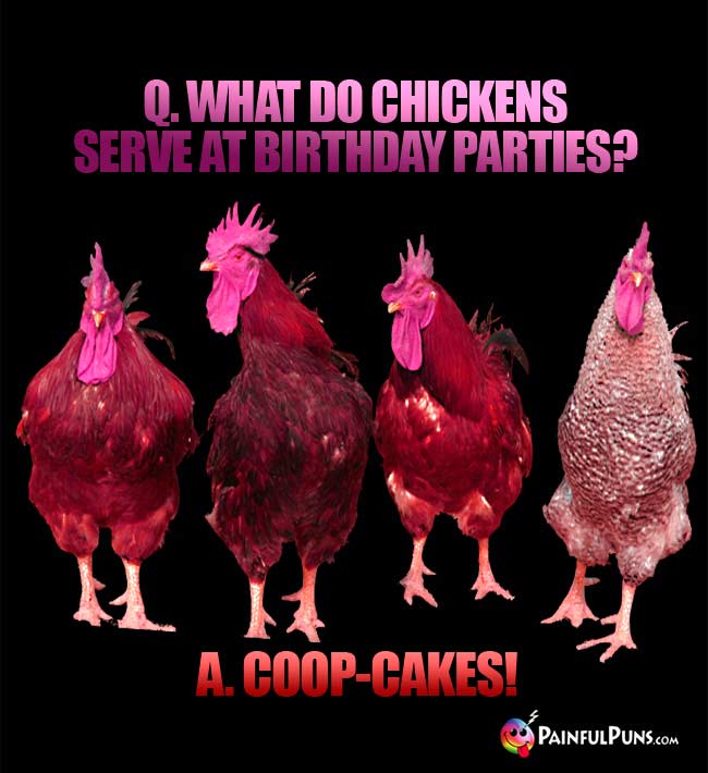 Q. What do chickens serve at birthday parties? A. Coop-cakes!