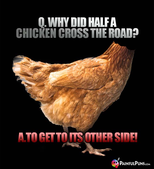 Q. Why did half a chicken cross the road? A. To get to its other side!