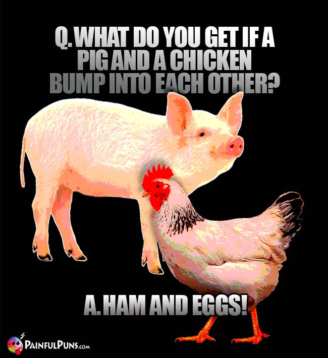 Q. What do you get if a pig and a chicken bump into each other? A. Ham and Eggs!