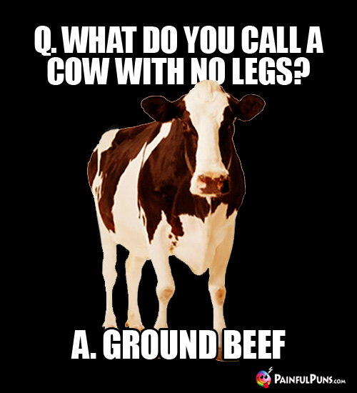 Q. What do you call a cow with no legs? A. Ground Beef