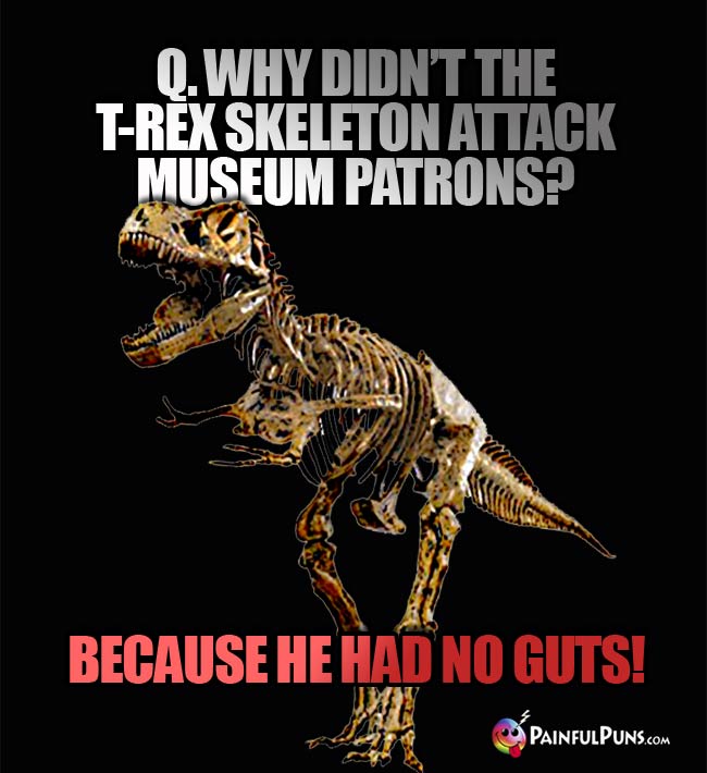 Q. Why didn't the T-Rex skeleton attack museum patrons? A. Because he had no guts!