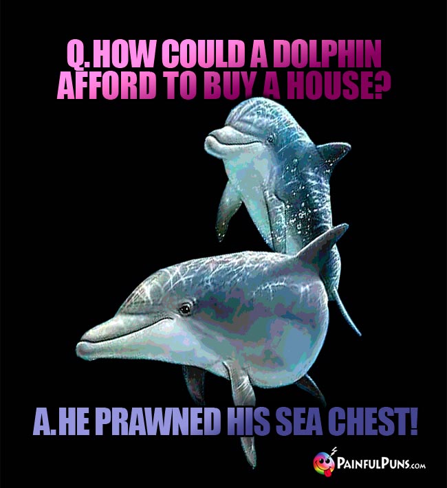 Q. How could a dolphin afford to buy a house? A. He prawned his sea chest.