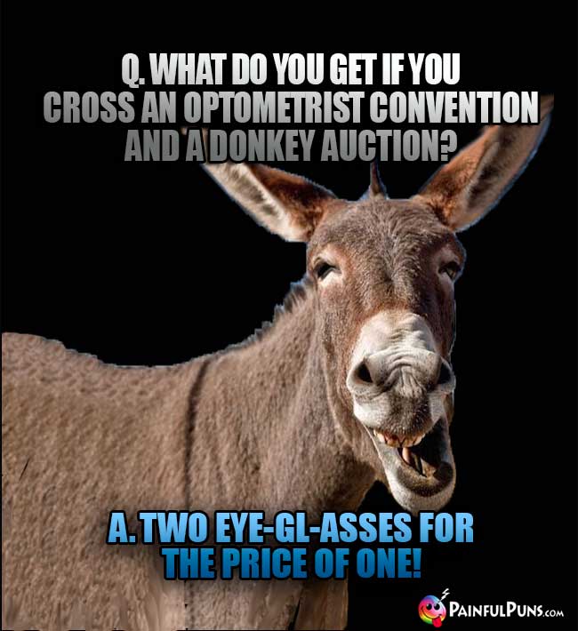 Q. What do you get if you cross an optometrist convention and a donkey auction? A. Two eye-gl-asses for the price of one!