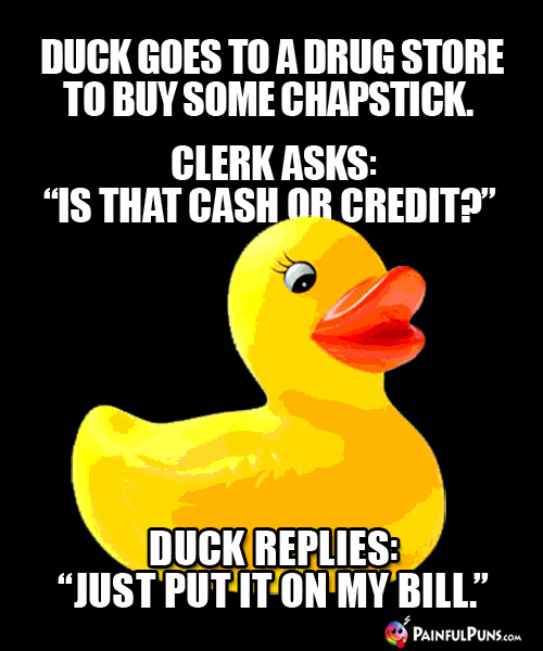 Duck goes to a drug store to buy some Chapstick. Clerk asks: "Is that cash or credit?" Duck replies: "Just put it on my bill."