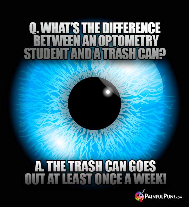 Q. What's the difference between an optometry student and a trash can? A. the trash can goes out at least once a week!