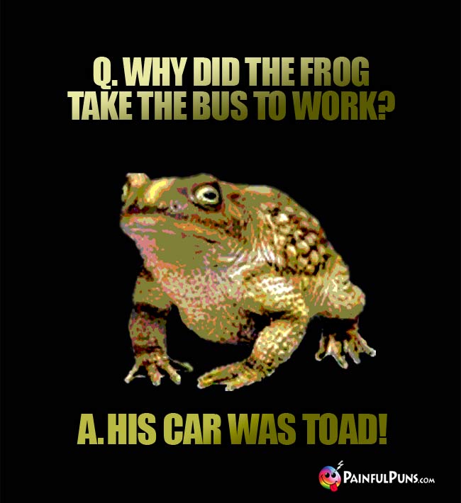 Q. Why did the frog take the bus to work? A. His car was toad!