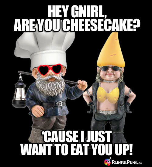 Cheesy Pick-Up Line: Hey Gnirl, are you cheesecake? 'Cause I just want to eat you up!