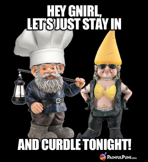 Cheesy Pick-Up Line: Hey Gnirl, let's just stay in and curdle tonight!