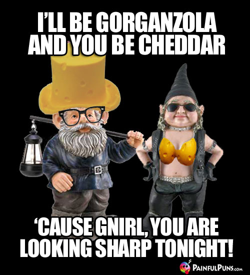 Cheesy Pick-Up Line: I'll be gorganzola and you be cheddar, 'cause gnirl, you are looking sharp tonight!