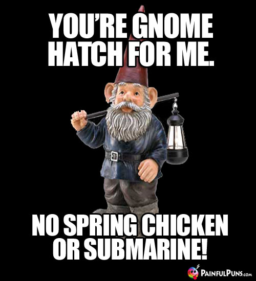 You're gnome hatch for me. No spring chicken or submarine!