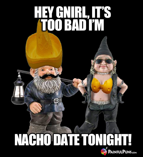 Cheesy Pick-Up Line: Hey Gnirl, it's too bad I'm nacho date tonight!
