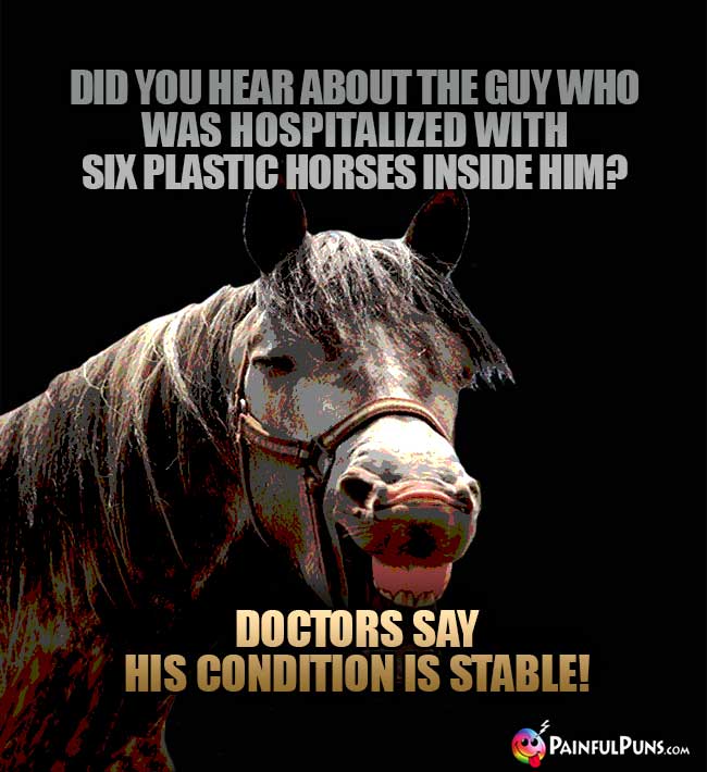 Did you hear about the guy who was hospitalized with six plastic horses inside him? Doctors say his condition is stable!