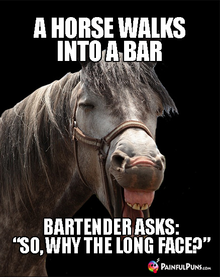 A horse walks into a bar. Bartender asks: "So, why the long face?"