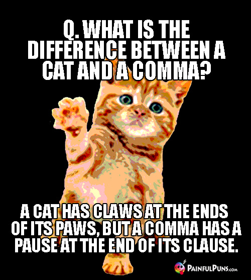 Q. What is the difference between a cat and a comma? A cat has claws at the ends of its paws, but a comma has a pause at the end of its clause.