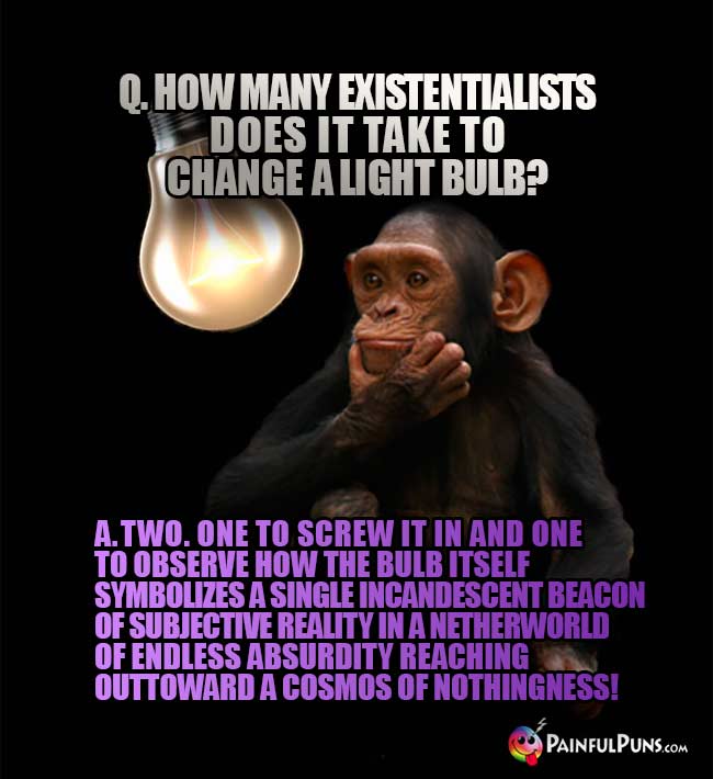 Q. How many Existentialists does it take to change a light bulb? A. Two. One to screw it in and one to observe... ... ... nothingness!