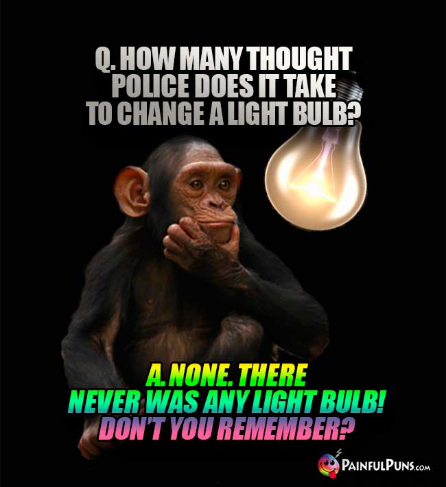 Q. How many thought police does it take to change a light bulb? A. None. There never was any light bulb! Don't you remember?