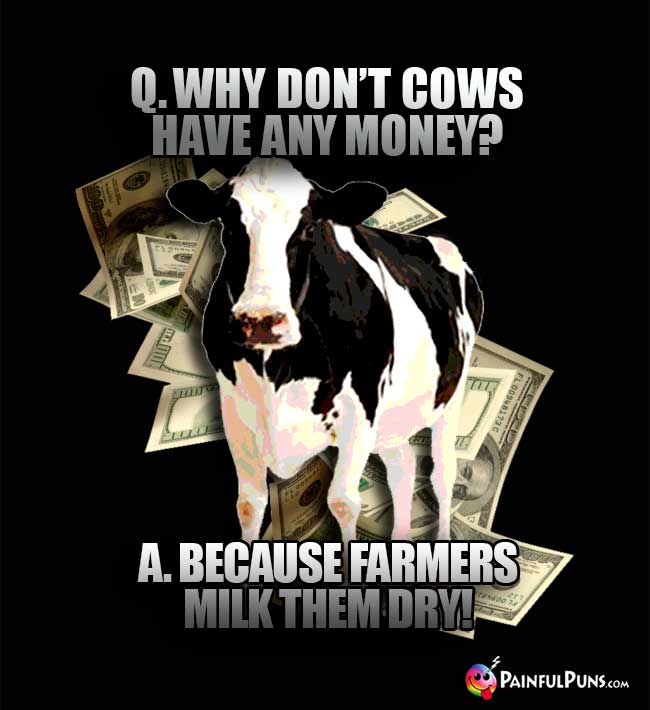 Q. Why don't cows have any money? A. Because farmers milk them dry!