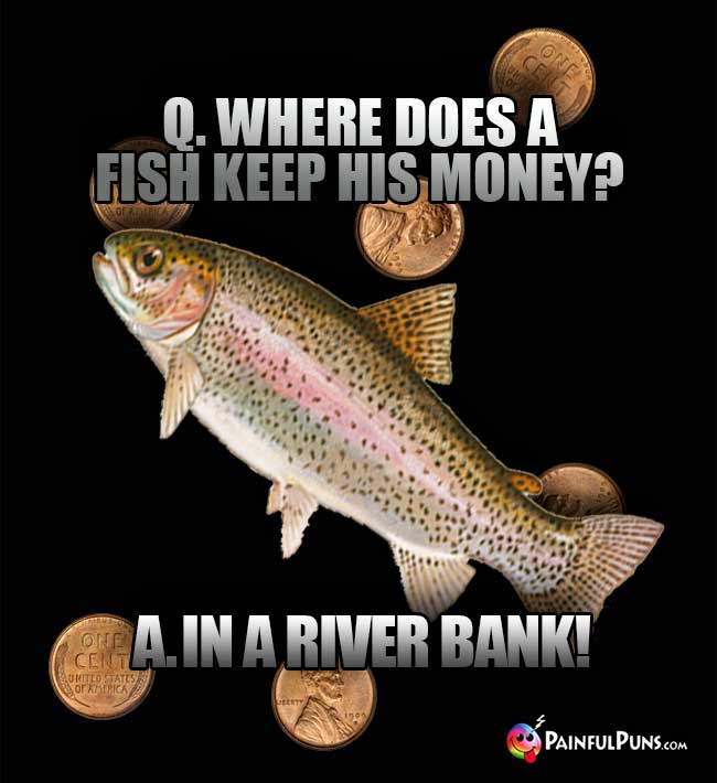 Q. Where does a fish keep his money? A. In a river bank!