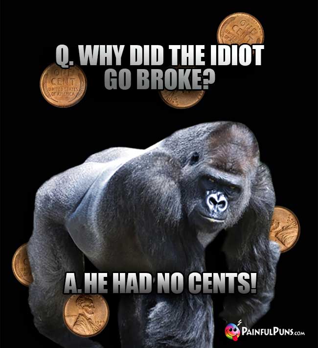Big Ape Asks: Why did the idiot go broke? A. He had no cents!