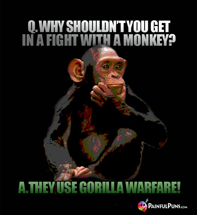 Q. Why shouldn't you get in a fight with a monkey? A. they use gorilla warfare!