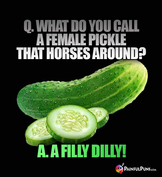 Q. What do you call a female pickle that horses around? A. A filly dilly!