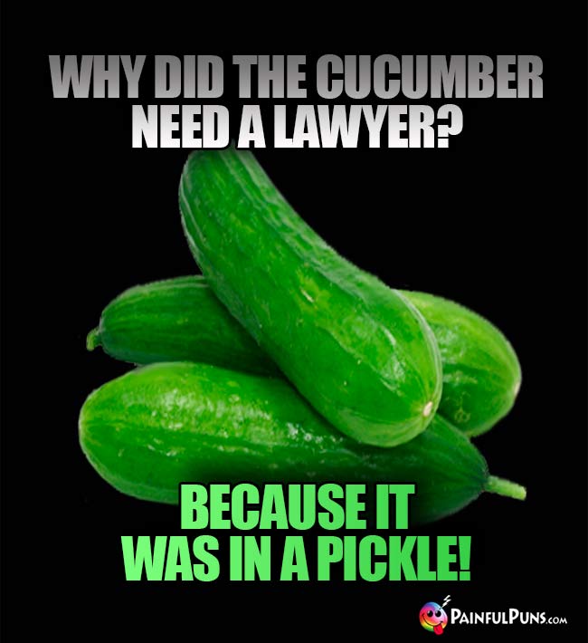 Why did the cucumber need a lawyer? Because it was in a pickle1