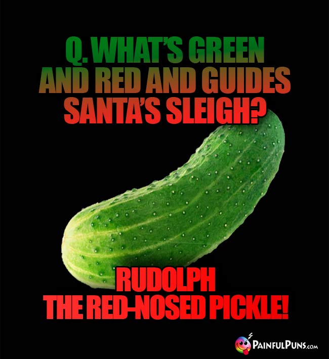 Q. What's green and red and guides Santa's sleigh? Rudolph the Red-Nosed Pickle!