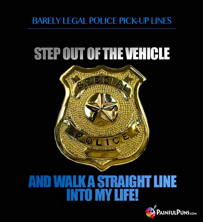 barely legal police pick-up line: Step out of the vehicle and wak a straight line into my life!