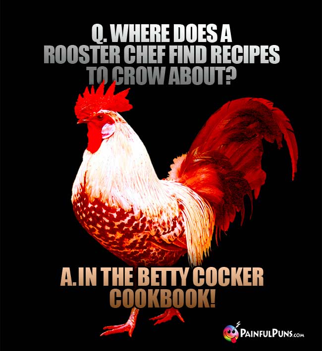 Q. Where does a rooster chef find recipes to crow about? A. In the Betty Cocker Cookbook!