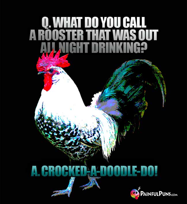 Q. What do you call a rooster that was out all night drinking? a. Crocked-a-doodle-do!