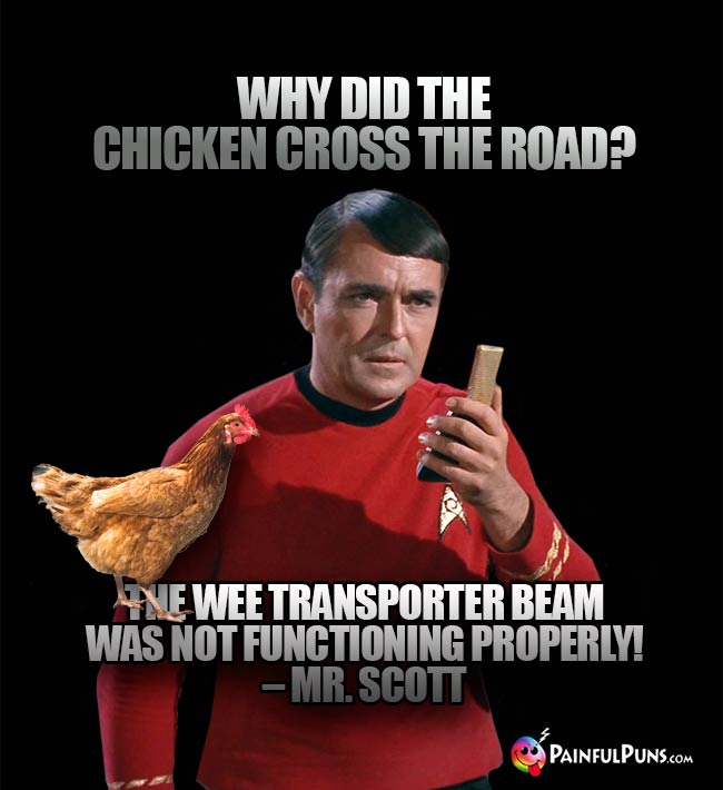 Why did the chicken cross the road? The wee transporter beam was not functioning properly! – Mr. Scott