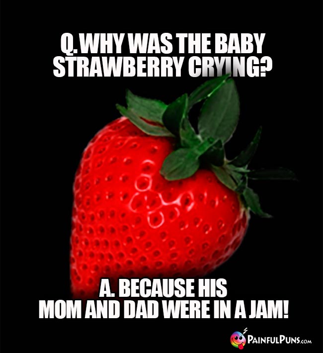 Q. Why was the baby strawberry crying? A. Because his mom and dad were in a jam!