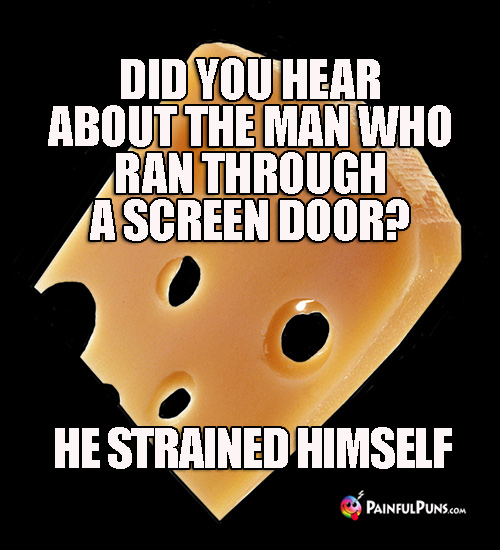 Cheesy Pun: Did you hear about the man who ran through a screen door? He strained himself.