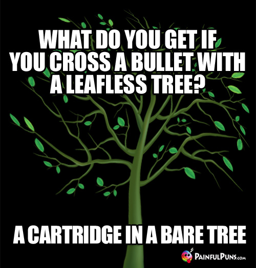 What do you get if you cross a bullet with a leafless tree? A Cartridge In A Bare Tree