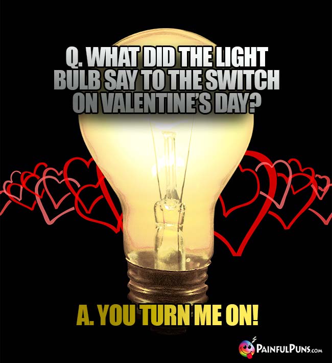 Q. What did the light bulb say to the swith on Valentine's Day? A. You Turn Me On!