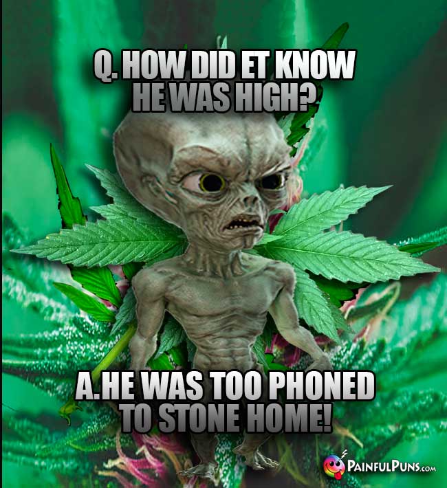 Q. How did ET know he was high? A. He was too phone to stone home!