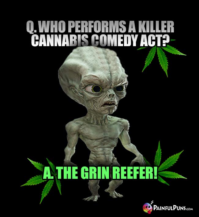 Green Alien Asks: Who performs a killer cannabis comedy act? A. The Grin Reefer!