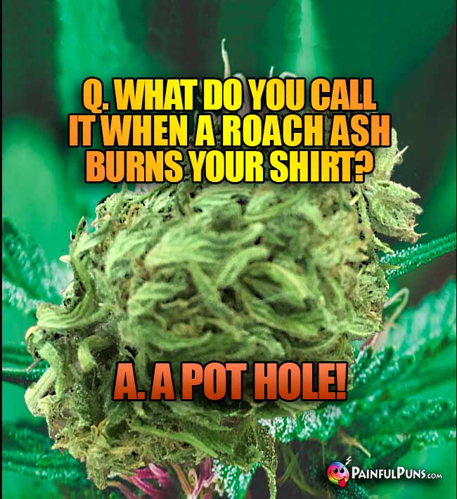 Bud Asks: What do you call it when a roah ash burns your shirt? A. A Pot Hole!