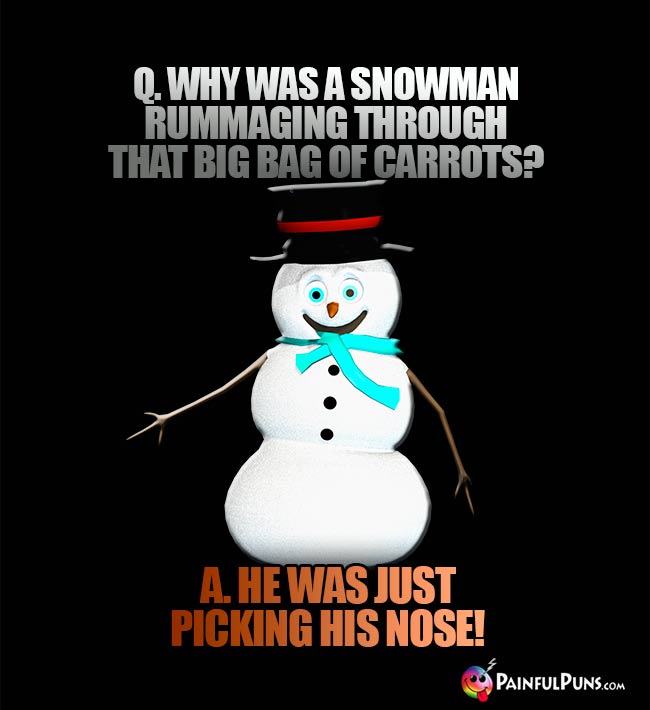 Q. Why was a snowman rummaging through that big bag of carrots? A. He was just picking his hose!